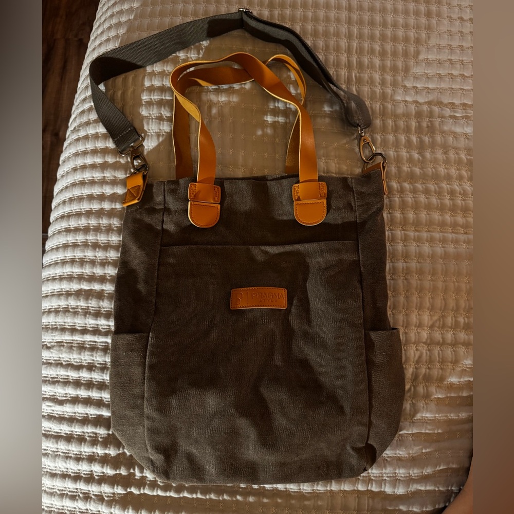 Pragma Canvas Converta Tote in charcoal with Tan Leather Accents
